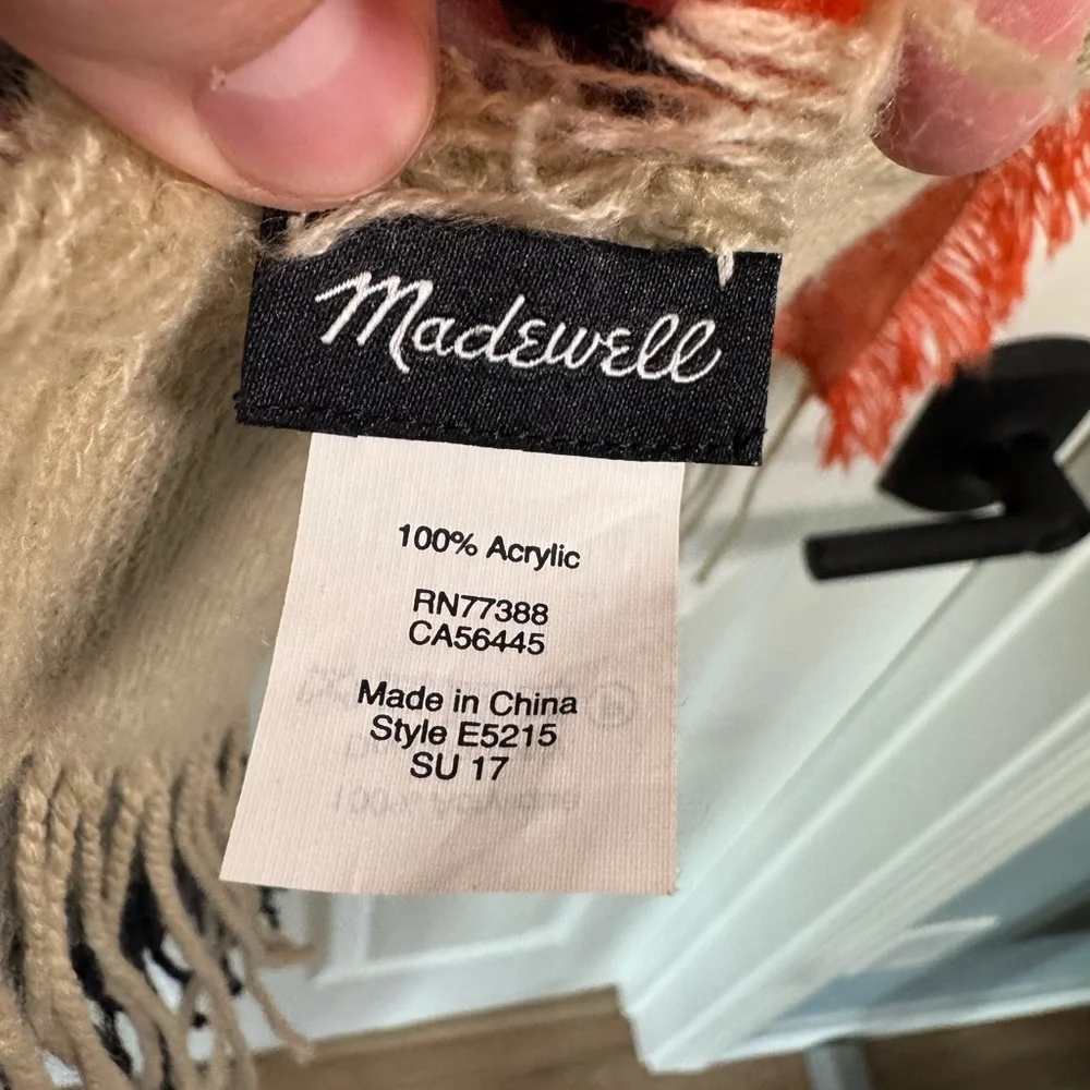 Madewell Checkered Plaid Fringe Blanket Scarf Large Orange Navy Tan